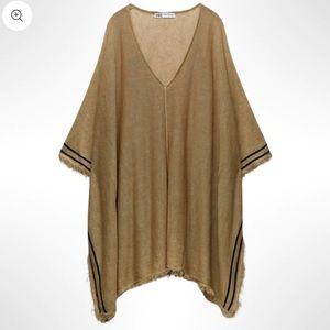 NWT Zara Linen Poncho Tan Khaki Stripe Summer Fringe